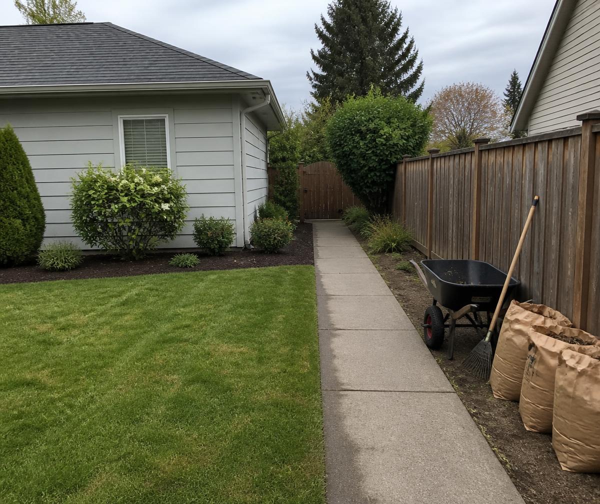 Tidy residential yard and walkway after a property cleanup